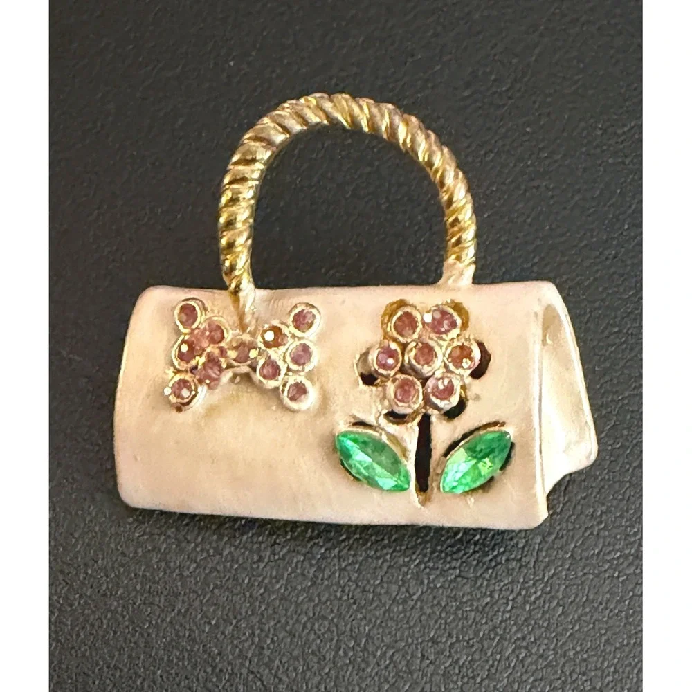 Rhinestone Handbag Brooch Enamel Gold Tone Foral